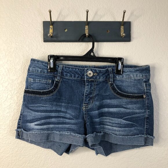 lei Pants - L.E.I Ashley Lowrise Denim Shorts Y2K Button Flap Pockets Sz. 11 Blue Jean Short